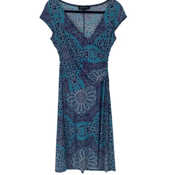 Jones New York Teal and Navy Mandala Print Faux Wrap Dress Size 6 - Picture 2 of 6